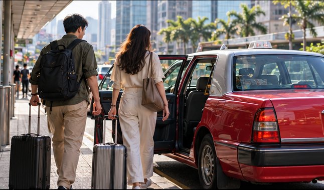 旅客帶著行李走向香港的士